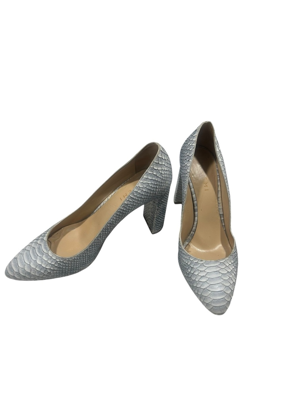 M.Gemi Light Blue Snakeskin Pointed-Toe Block Heel Pumps - Women